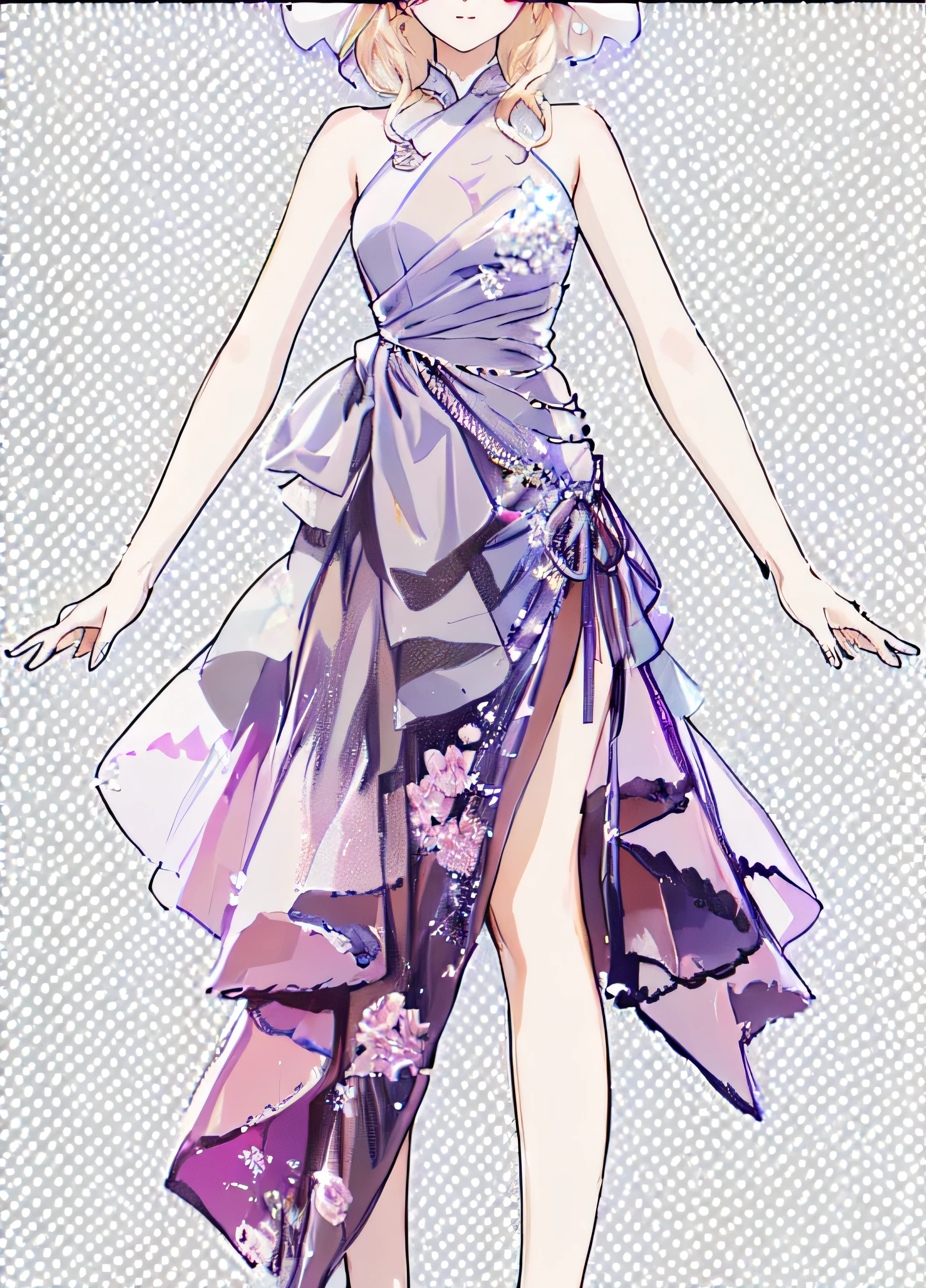 anime girl in a purple dress with a bow on her head, detailed fashion illustration, fashion concept art, detailed dress and face, flowing realistic fabric, digital art of an elegant, fashion design, exquisite digital illustration, fashion illustration, wearing a flowing dress, high fashion design, translucent dress, wearing an elegant dress, luxury fashion illustration, clear outfit design, outfit design,Rich in details，Masterpiece，Clean shaping，Clarity，Ultra HD 8K，Strong texture，Anime style