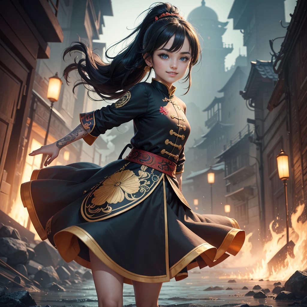 Highly detailed CG unit 8k wallpaper, masterpiece, High resolution, highest quality, highest quality real texture skin, Super Real, Digital Painting, Best image quality, 最High resolution, 8k, (((1 boy))), (Full Body Shot, low length, ), Tattoo, Round eyes, Big Eyes, chinese style embroidery, Chinese style decoration, black hair, Round eyes, grin, smile, typhoon, Strong winds, Tunic, (pony tail),