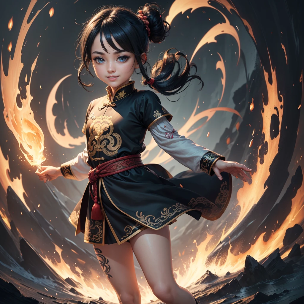 Highly detailed CG unit 8k wallpaper, masterpiece, High resolution, highest quality, highest quality real texture skin, Super Real, Digital Painting, Best image quality, 最High resolution, 8k, (((1 boy))), (Full Body Shot, low length, ), Tattoo, Round eyes, Big Eyes, chinese style embroidery, Chinese style decoration, black hair, Round eyes, grin, smile, typhoon, Strong winds, Tunic, (pony tail),