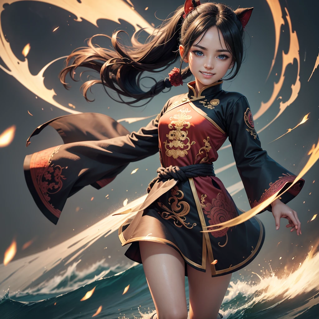 Highly detailed CG unit 8k wallpaper, masterpiece, High resolution, highest quality, highest quality real texture skin, Super Real, Digital Painting, Best image quality, 最High resolution, 8k, (((1 boy))), (Full Body Shot, low length, ), Tattoo, Round eyes, Big Eyes, chinese style embroidery, Chinese style decoration, black hair, Round eyes, grin, smile, typhoon, Strong winds, Tunic, (pony tail),