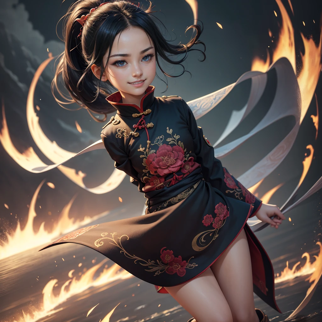 Highly detailed CG unit 8k wallpaper, masterpiece, High resolution, highest quality, highest quality real texture skin, Super Real, Digital Painting, Best image quality, 最High resolution, 8k, (((1 boy))), (Full Body Shot, low length, ), Tattoo, Round eyes, Big Eyes, chinese style embroidery, Chinese style decoration, black hair, Round eyes, grin, smile, typhoon, Strong winds, Tunic, (pony tail),
