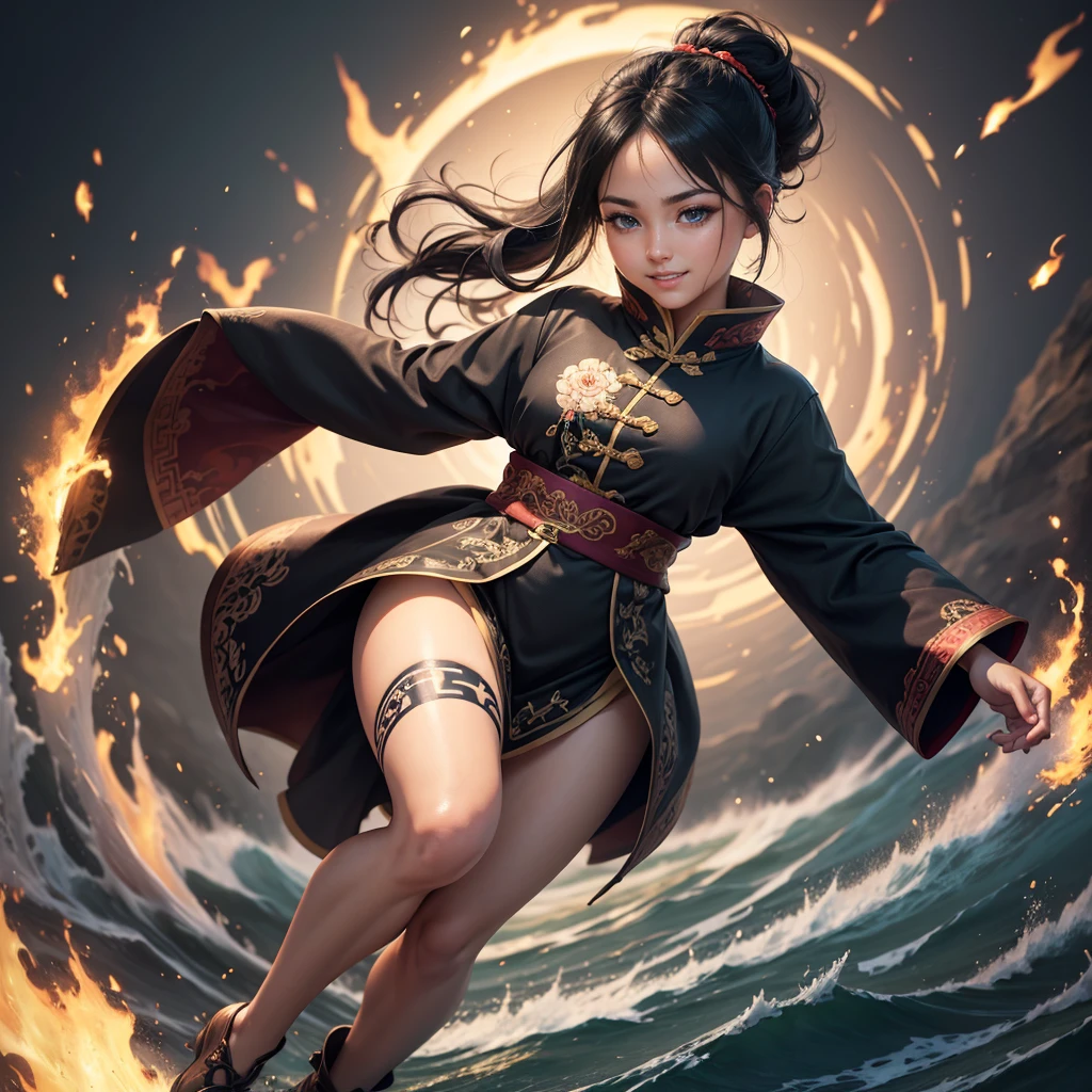 Highly detailed CG unit 8k wallpaper, masterpiece, High resolution, highest quality, highest quality real texture skin, Super Real, Digital Painting, Best image quality, 最High resolution, 8k, (((1 boy))), (Full Body Shot, low length, ), Tattoo, Round eyes, Big Eyes, chinese style embroidery, Chinese style decoration, black hair, Round eyes, grin, smile, typhoon, Strong winds, Tunic, (pony tail),