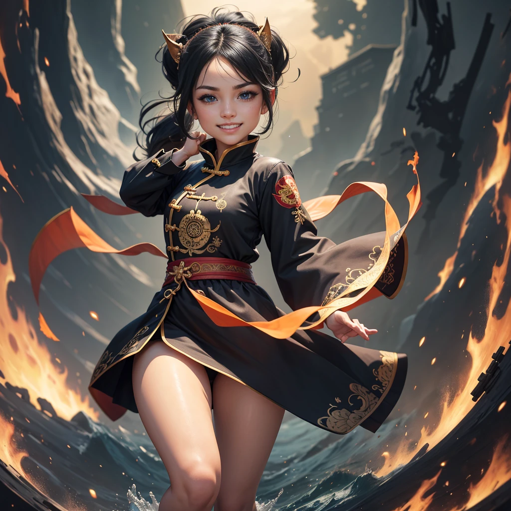 Highly detailed CG unit 8k wallpaper, masterpiece, High resolution, highest quality, highest quality real texture skin, Super Real, Digital Painting, Best image quality, 最High resolution, 8k, (((1 boy))), (Full Body Shot, low length, ), Tattoo, Round eyes, Big Eyes, chinese style embroidery, Chinese style decoration, black hair, Round eyes, grin, smile, typhoon, Strong winds, Tunic, (pony tail),