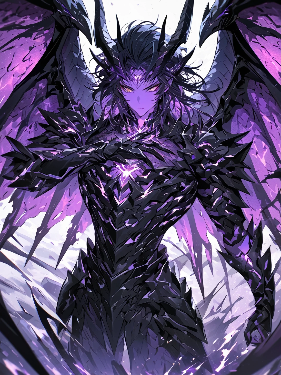 Masterpiece, Very detailed, ultra detailed, one, (1 man), man with a V-shaped body Large dragon horns, two large dragon wings, full detailed dark obsidian armor with light purple details that seemed like a purple fire. Long black hair combed back, and reptile eyes that shine crimson-purple. In the style of manhwa "Omniscient Reader's Viewpoint"