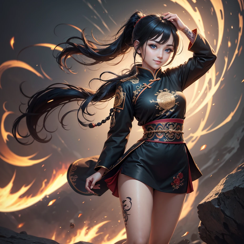 Highly detailed CG unit 8k wallpaper, masterpiece, High resolution, highest quality, highest quality real texture skin, Super Real, Digital Painting, Best image quality, 最High resolution, 8k, (((1 boy))), (Full Body Shot, low length, ), Tattoo, Round eyes, Big Eyes, chinese style embroidery, Chinese style decoration, black hair, Round eyes, grin, smile, typhoon, Strong winds, Tunic, (pony tail),