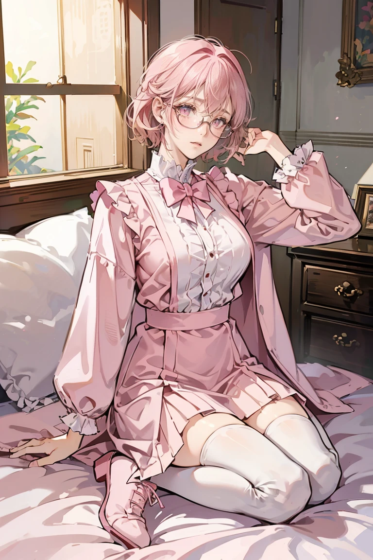 anime - (masterpiece), best quality, seductive eyes, mature face, pink eyes, short length pink hair, plain white long sleeve, pink long skirt, pink boots, round glasses, tall woman, long legs, adult-like female, 1girl, big breast, shy face, shy pose
