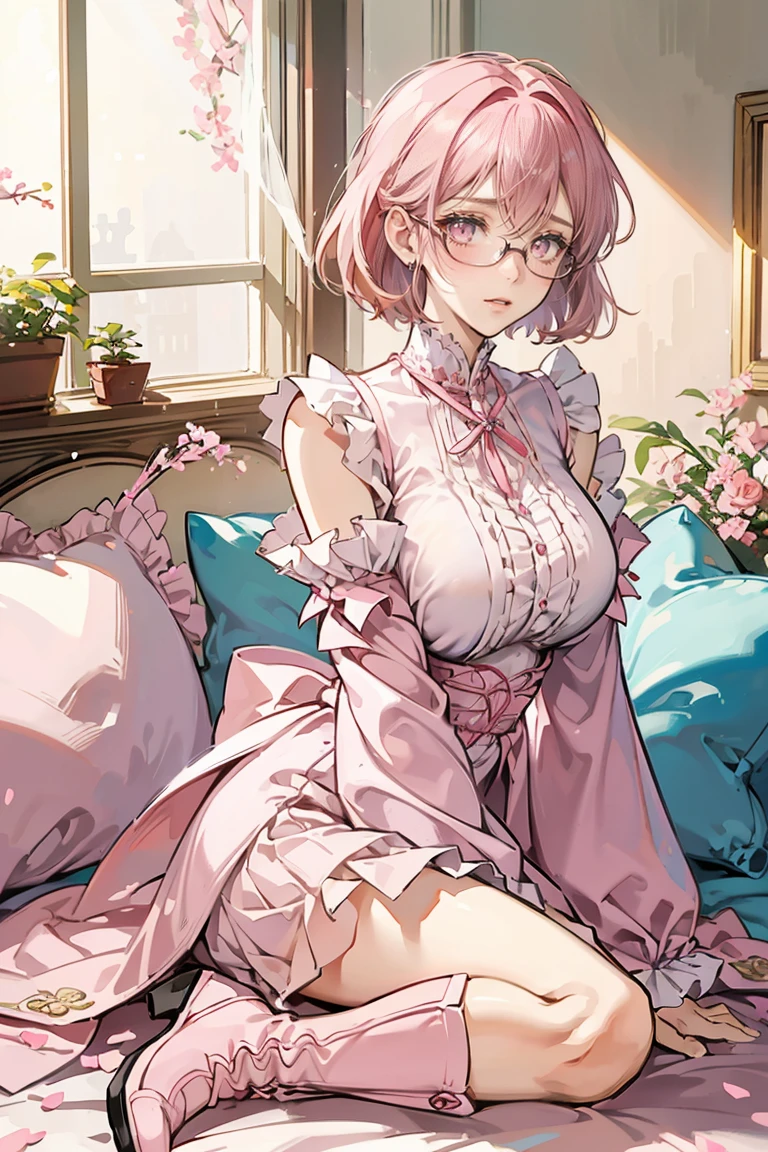 anime - (masterpiece), best quality, seductive eyes, mature face, pink eyes, short length pink hair, plain white long sleeve, pink long skirt, pink boots, round glasses, tall woman, long legs, adult-like female, 1girl, big breast, shy face, shy pose