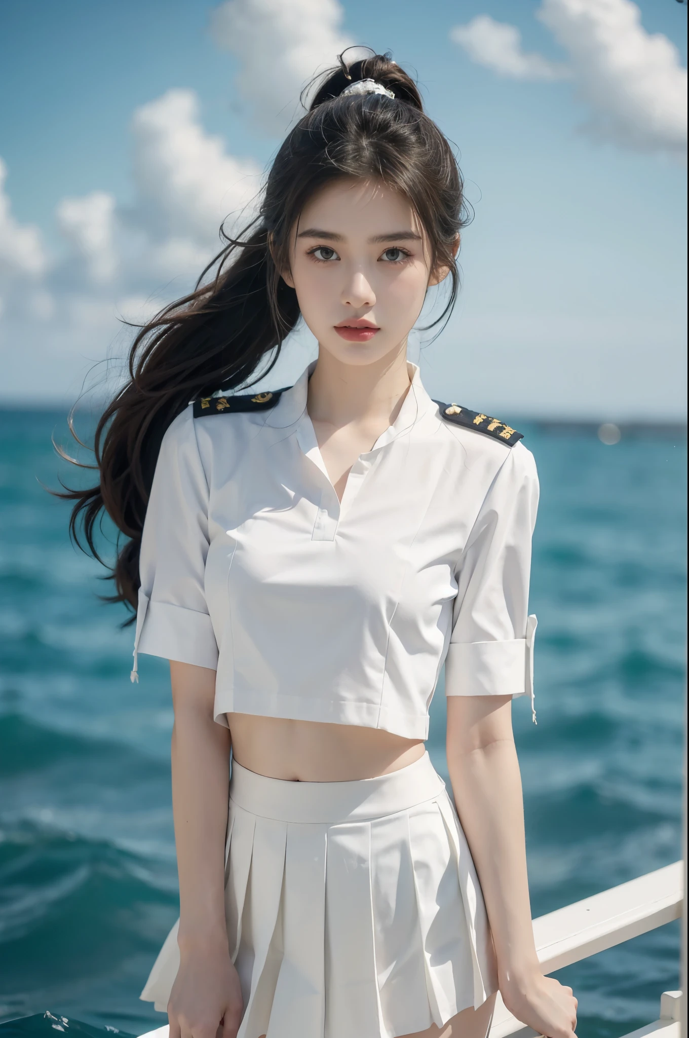 (((best quality))),(((ultra detailed))),(((masterpiece))),illustration,((1girl,naval officer,solo)),(short ponytail:1.2),((slim,thin)),((small breasts,flat chest)),(white collared short-sleeved shirt:1.3),(white pleated skirt:1.2),(slender legs:1.2),vibrant colors,ocean background,(on the warship:1.3),majestic,turquoise waves,sun reflection,white clouds,sky,brilliant shade of blue,confident posture,gaze fixed on horizon,wind,gently blows hair,stray strands,flutter in breeze,adventure,excitement,unknown waters,beauty,strength,determination,female power,resilience,striking looks,powerful setting,sea,captivating,inspiring image,viewer,drawn to presence,challenging environment,military service,bravery,dedication,((from front,upper body))