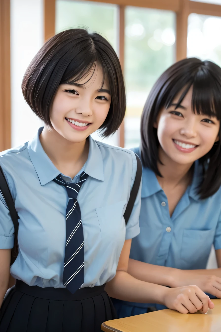 Two women standing side by side、high school girl、 Black Hair、Short Haircut、smile、Laughing with your mouth open、Intricate details, Very detailed:1.2), 、 Looking into the camera,The background is the classroom