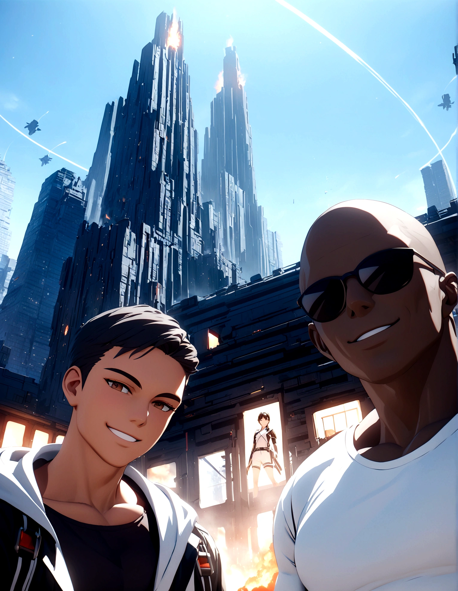  two men posing and smiling before burning futuristic city, bloody space pirates, smoky dark sky, explosives and shot at the background, intricate details, cinematic light, brilliant render quality, unreal engine 5, burning skyscrapers in the background