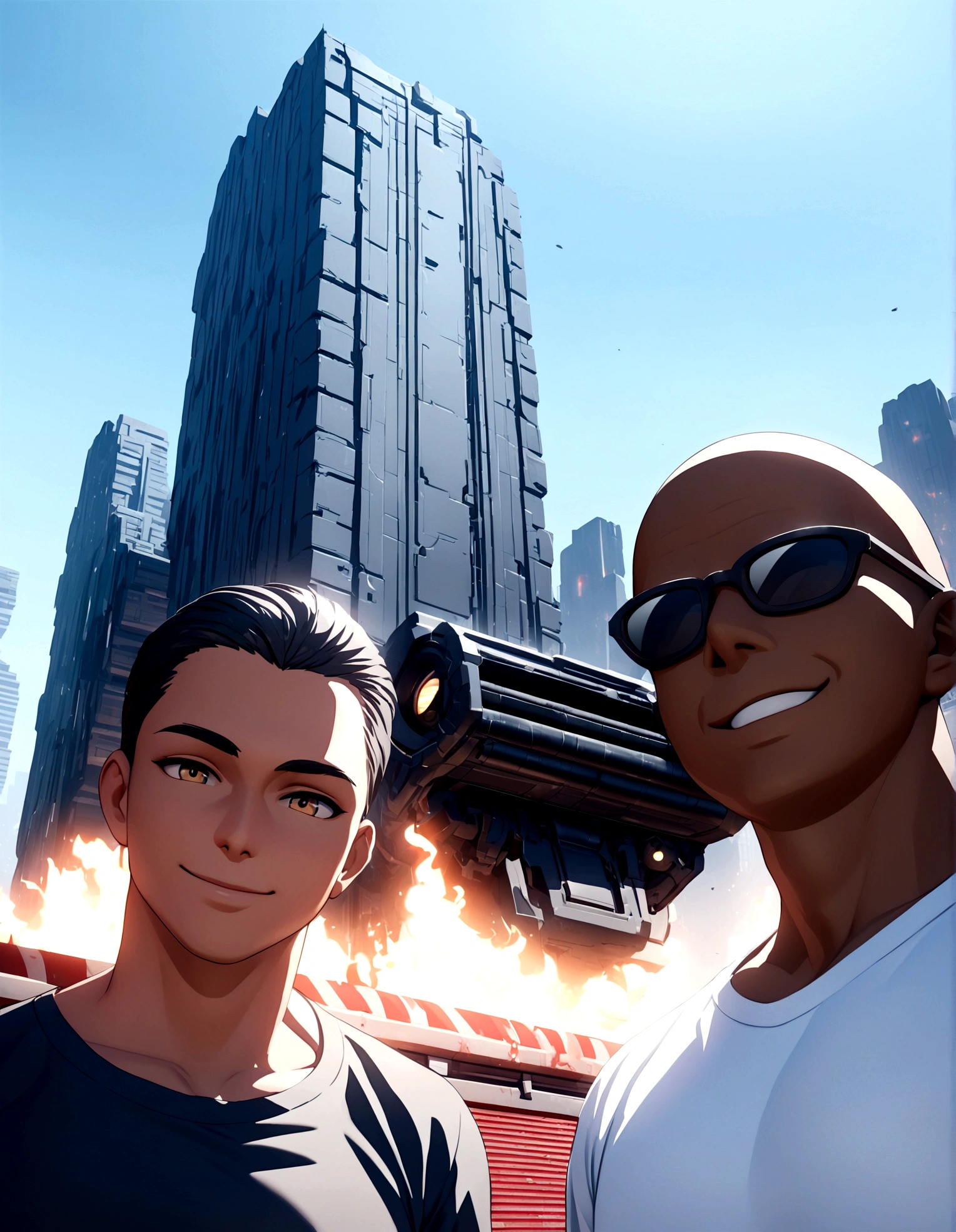 two men posing and smiling before burning futuristic city, bloody space pirates, smoky dark sky, explosives and shot at the background, intricate details, cinematic light, brilliant render quality, unreal engine 5, burning skyscrapers in the background