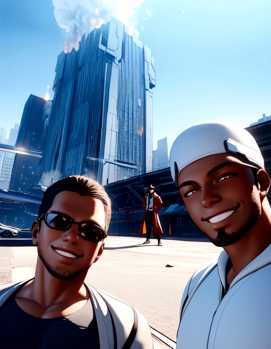 two men posing and smiling before burning futuristic city, bloody space pirates, smoky dark sky, explosives and shot at the background, intricate details, cinematic light, brilliant render quality, unreal engine 5, burning skyscrapers in the background