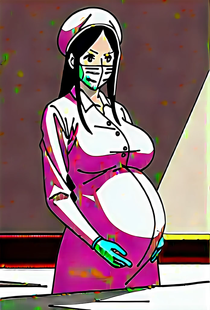 score_9,  score_8_up, score_7_up, source_anime, raw image, masterpiece, highest quality, natural light, patient room background, kasuganoray, good shape, pale skin, shy eyes, ???????????, scrubs, surgical mask, surgical cap, long sleeve maternity dress,
1girl, pregnant, solo, rubber gloves, looking down, furrowed brow, hospital bed, standing, even though she's pregnant, she has a good figure