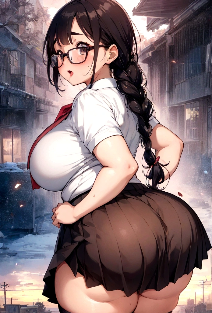 Anime-style image of a woman wearing glasses and a skirt, , a hyperRealistic , hyperRealistic , Realistic , chic, Gwaiz, (SFW) Safe at Work, artwork in the style of Gwaiz, [ 4k digital art ]!!, Realistic アニメ 3 d style, Detailed,(masterpiece), (One serious civil service commissioner: 1.3), (Super thick and plump body: 1.3), (Huge breasts and buttocks)), (Small Head: 1.2), (Very small uniform)), (Shiny skin: 1.2), (A speech while crouching in the stands in the schoolyard in the morning)), {fat},1boy, penis, doggystyle, from behind, spreadassms, chubby body, fat body, short,ultra detailed, masterpiece, best quality, blush, a woman, rolling eyes, open mouth, school girl, wearing , wearing glasses, classroom, sunset, light particles, hdr, brown grey hair, midium wavy hair, shiny hair, bang, single braid, clear grey eyes, Smiling Kiss, Tongue Out, アニメ ,orgasm face, sexual climax, bitch, back shot, back view, low angle, from below, back view, arched back, looking back, all fours, chubby body, BIG ASS , saliva, BBW, slender waist, anal, seiza, hands on head,white eyes, Hand Drawn, Showing Ass, Bobcut, Knee socks, (Super thick and plump body: 1.3), Butt sticking out, Close your legs, seiza, spread legs, pleated skirt, Stretch your arms back, long pleated skirt, I can&#39;t see your butt, Buttocks hide, Arms folded behind back, Super big butt, Awesome numbness , Plump , Chubby, Butt sticking out,