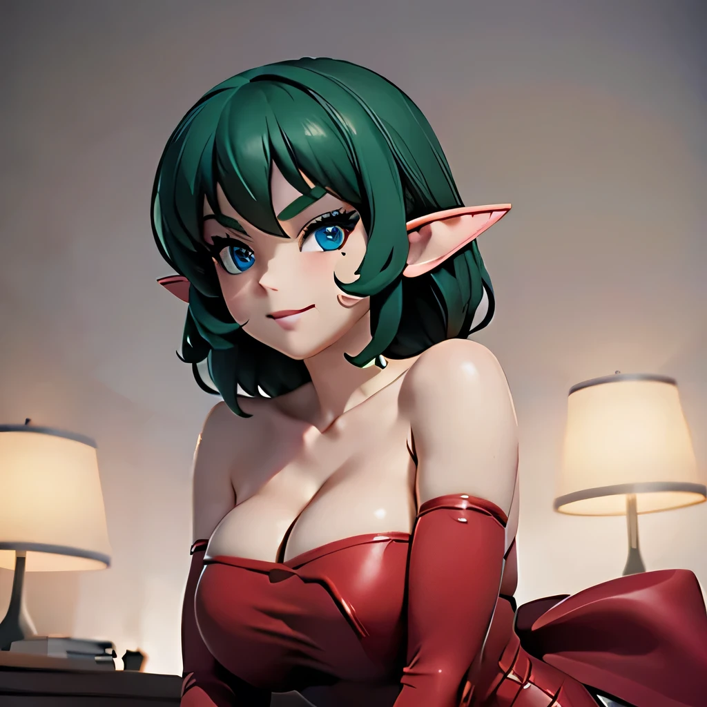  ((masterpiece,best quality,ultra-delicate,Perfect Face,16k,high resolution,very beautiful girl)),medium short green hair, seductive pose,Red strapless bodycon tube dress with huge red bow ,Red long arm sleeves,red high heels,Elf Girl,huge Breasts,blue eyes,Beautiful smile,20 years old