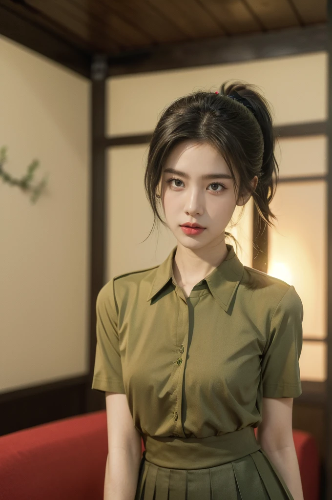 (((best quality))),(((ultra detailed))),(((masterpiece))),illustration,((1 beautiful young girl,female soldier,solo)),(short black ponytail:1.2),((slim,thin)),((small breasts,flat chest)),determined,professional,demeanor,(light green collared short-sleeved shirt:1.3),(dark green pleated skirt:1.2),(slender legs:1.2),military,affiliation,background,military conference room,walls,maps,battlefields,strategic points,markings,(large red flag),nation's unity,strength,seriousness,planning,important discussion,rigid posture,focused expression,confidence,respectability,bright intense eyes,analyzing situation,contribute thoughts,ideas,charm,powerful,intense atmosphere,freezes moment in time,essence,striking appearance,(night scene:1.2),((from front,upper body))