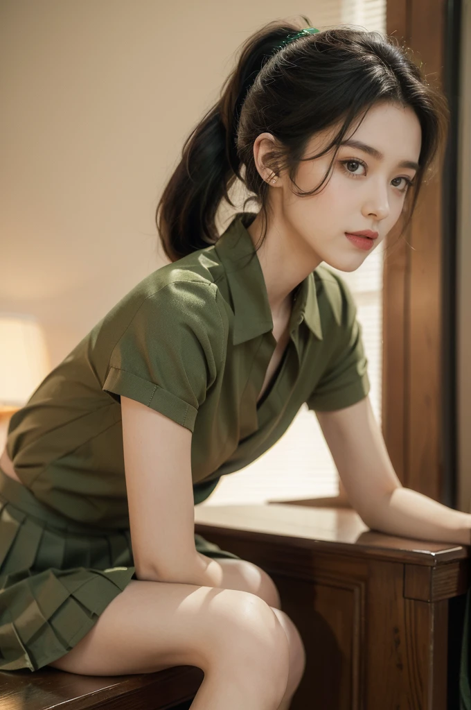 (((best quality))),(((ultra detailed))),(((masterpiece))),illustration,((1 beautiful young girl,female soldier,solo)),(short black ponytail:1.2),((slim,thin)),((small breasts,flat chest)),determined,professional,demeanor,(light green collared short-sleeved shirt:1.3),(dark green pleated skirt:1.2),(slender legs:1.2),military,affiliation,background,military conference room,walls,maps,battlefields,strategic points,markings,(large red flag),nation's unity,strength,seriousness,planning,important discussion,rigid posture,focused expression,confidence,respectability,bright intense eyes,analyzing situation,contribute thoughts,ideas,charm,powerful,intense atmosphere,freezes moment in time,essence,striking appearance,(night scene:1.2),((from front,upper body))