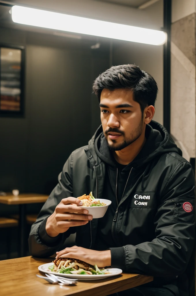 https://cdn.discordapp.com/attachments/1094896059840471162/1154485079419138118/IMG_0644.png a professional street photography of this guy eating at a restaurant, shot from Canon EOS 5D using 25mm, instagram, detailed