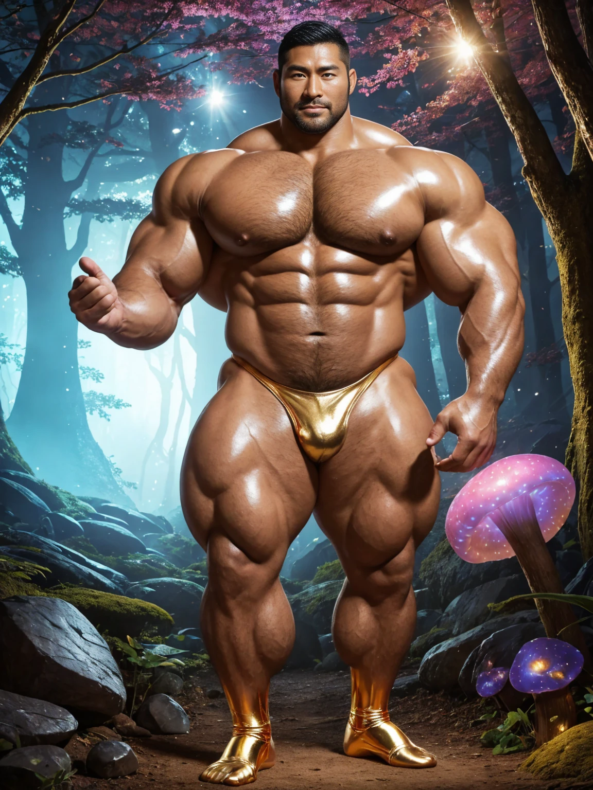 There is only one handsome Asian actor in the photo,35 years old,High target, Fitness,short hair, O-Shaped Beard,Perfect body, Dark skin color,Radiant Skin,Smooth skin,Shiny, shiny skin,Smooth pectoral muscles,No chest hair,No body hair,Muscle bulge, muscular, Very large pectoral muscles,Very sexy abdominal muscles,Very well-developed leg muscles,Huge concave and convex area,Brightens oily skin,Wearing a shiny gold leather thong,Handsome face,Wearing silver-gold leather socks,Correct and accurate male body proportions,,Enchanting dream scene of standing in a fantasy forest, Glowing mushrooms and hidden fairy canyons, Create a mysterious and charming feeling