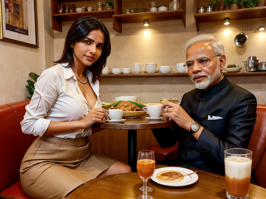 Narendra Modi sitting with Giorgia meloni in a cafe. Modi seeing meloni with love