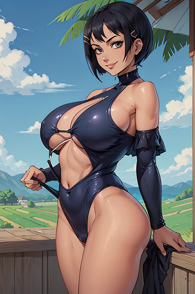 (masterpiece, official art), 1girl, solo, thick, curvy, curvaceous, black hair, grey eyes, short bob, hair clip, kirigaya suguha, (dark blue competitive swimsuit), (full closed swimsuit),(one piece swimsuit), (closeup), portrait, (huge breasts), standing, view from front, countryside, sunlight, looking at viewer, (upper body), smile, seductive, alluring attire, open shoulders
