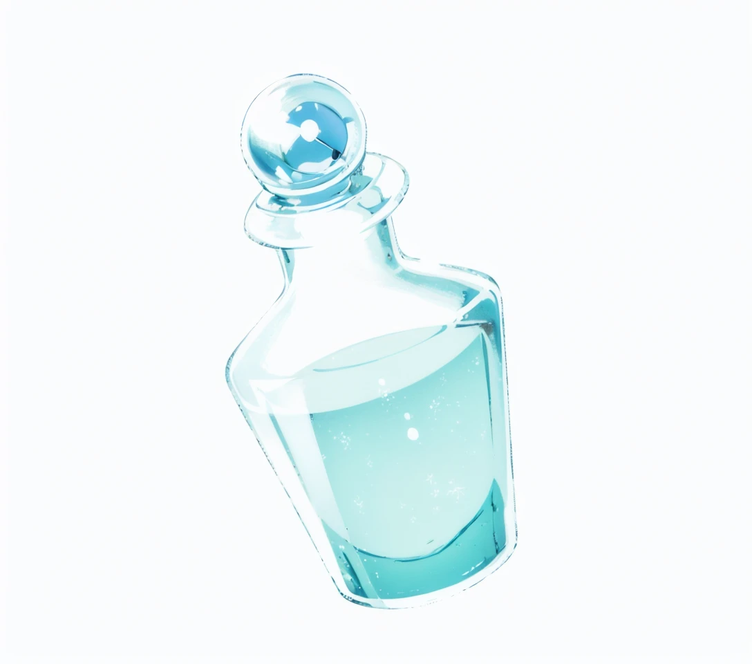 glass bottle, blue potion, circular stopper top, anime style