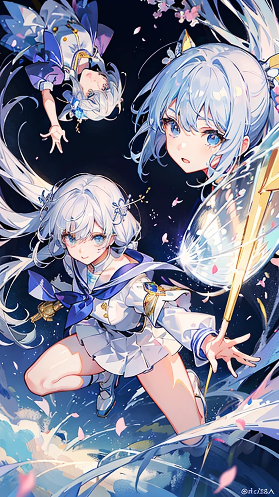 Crystal clear light blue hair、Her hair is gradated and white from the hairline to the middle.、Hair length is up to the knees、A shiny, light blue sailor suit、The hair ornament is glittering gold.、Silver hair ornament、Cherry blossom petals are waiting in the background、Holding an instrument、She has big breasts、Adult face、Playing