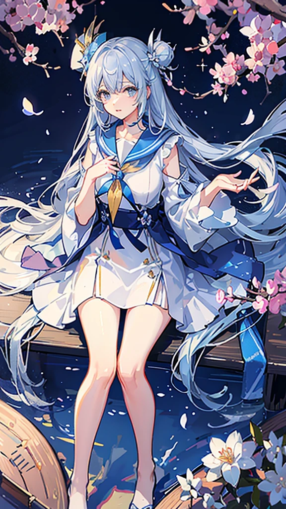 Crystal clear light blue hair、Her hair is gradated and white from the hairline to the middle.、Hair length is up to the knees、A shiny, light blue sailor suit、The hair ornament is glittering gold.、Silver hair ornament、Cherry blossom petals are waiting in the background、Holding an instrument、She has big breasts、Adult face、Playing