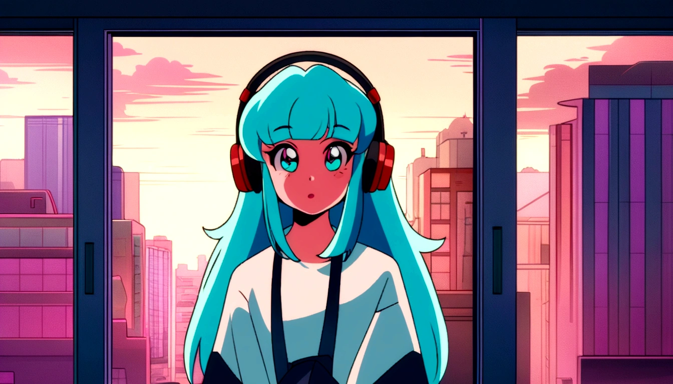 anime girl with headphones looking out the window at a city, lofi girl, anime vibes, lofi artstyle, 4K anime-style, anime aesthetic, nightcore, Lofi hears, lofi art, 4K anime art wallpaper, 4k anime art wallpaper, anime wallpaper 4k, anime wallpaper 4k, vibrations of praise