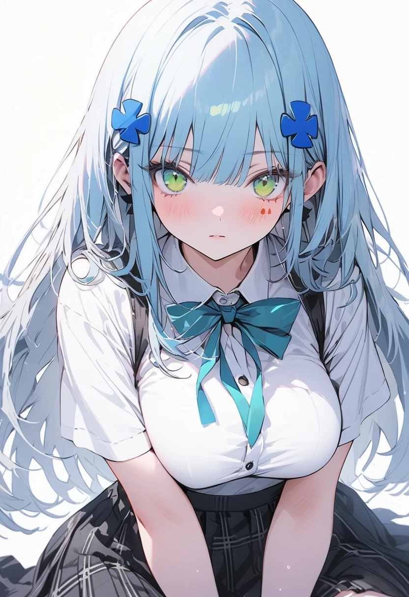 （(1girl))，(((high resolution))),((full body)),straight hair,large breatst,Masterpiece，Super detailed，((white background))，Cool look,((hk416)) ，childish appearance,(expressionless),blunt bangs,(Sky blue hair)，long hair，big ,Teenage Girls,Clear Eyes，Green Eyes,white skin,Great graphics,black thigh-high socks,plaid skirt, waitress uniform,Delicate Features,white ,NSFW,skirt lift up