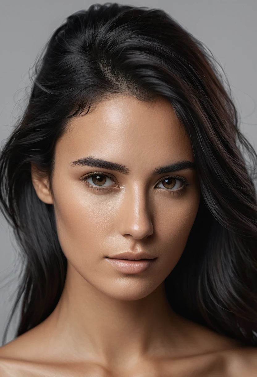 an ultra realistic photo in 4k of a woman with details on the contrast and naked, fine type with brownish black hair