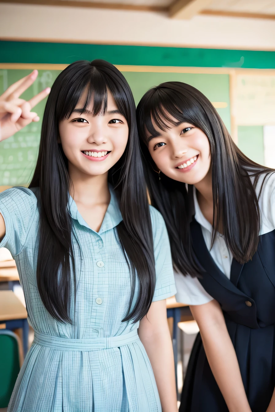 Two women standing side by side、high school girl、 Black Hair、smile、Laughing with your mouth open、Intricate details, Very detailed:1.2), 、 Looking into the camera,The background is the classroom


