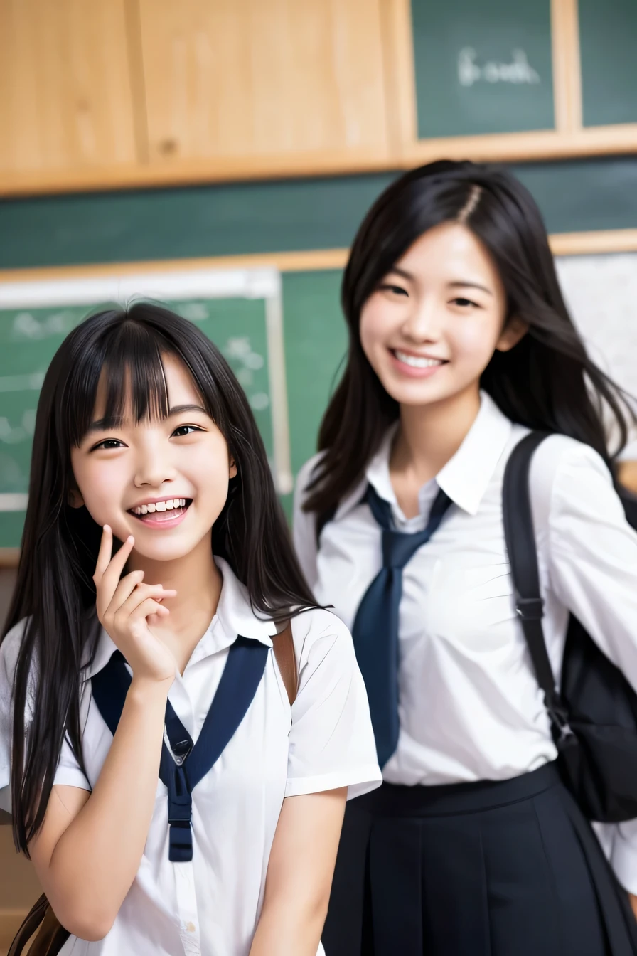 Two women standing side by side、high school girl、 Black Hair、smile、Laughing with your mouth open、Intricate details, Very detailed:1.2), 、 Looking into the camera,The background is the classroom