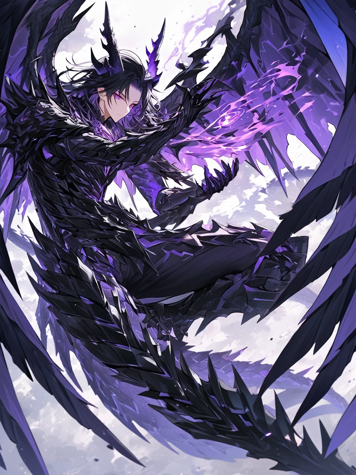 Masterpiece, Very detailed, ultra detailed, one, (1 man), man with a V-shaped body Large dragon horns, two large dragon wings, full detailed dark obsidian armor with light purple details that seemed like a purple fire. Long black hair combed back, and reptile eyes that shine crimson-purple. In the style of manhwa "Omniscient Reader's Viewpoint"