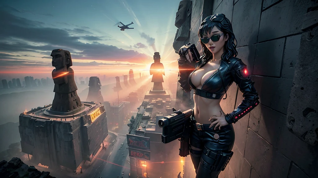 At night, dark sky, aerial view of fantasy cyberpunk style ((Moai-statue)) city, ((flying vehicle)). ((1girl, solo, alone)), photo realistic, medium-breast:1.1 slim body, cleavage, sexy clothes, (black sunglasses), (((hip-up standing and pistol aiming pose))), half-body thigh level medium shot, cinematic lighting.