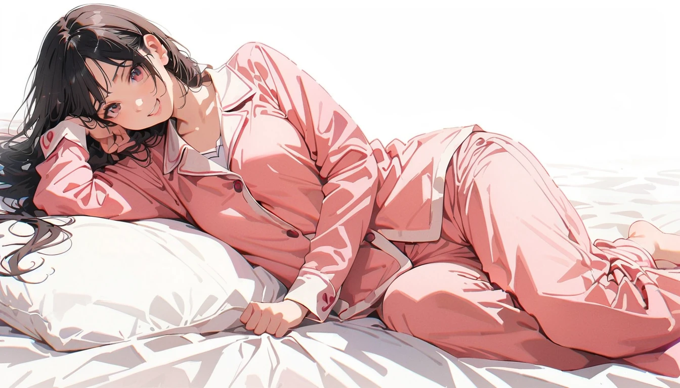 20 years old,1 mature woman,hyperrealistic, 8k, (extremely detailed 8k), (very delicate and beautiful), (masterpiece), (better quality:1.0), (ultra high resolution:1.0), (masterpiece, best quality),cute,black hair,long hair,full body,white background,realistic skin,pajamas,lie on own side,evil grin