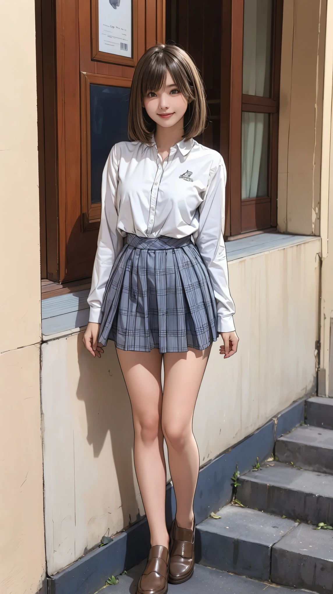 ((masterpiece)),(((Highest quality))),Thin thighs,Long legs,An 18-year-old high school girl standing on the school steps,White shirt,Blue and white plaid mini skirt:1.5,The best smile,Short bob with side waves:1.5,wear black loafers,Stand facing forward with your legs apart:1.5,