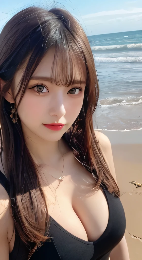 8K,Pieces fly, Highest quality, figure, Very detailed, finely, High resolution, 8k wallpaper, Perfect dynamic composition, Dark and beautiful eyes, Tight clothing, Random Cute Hairstyles, Natural color lip,At the Beach, Random cute poses,Cleavage