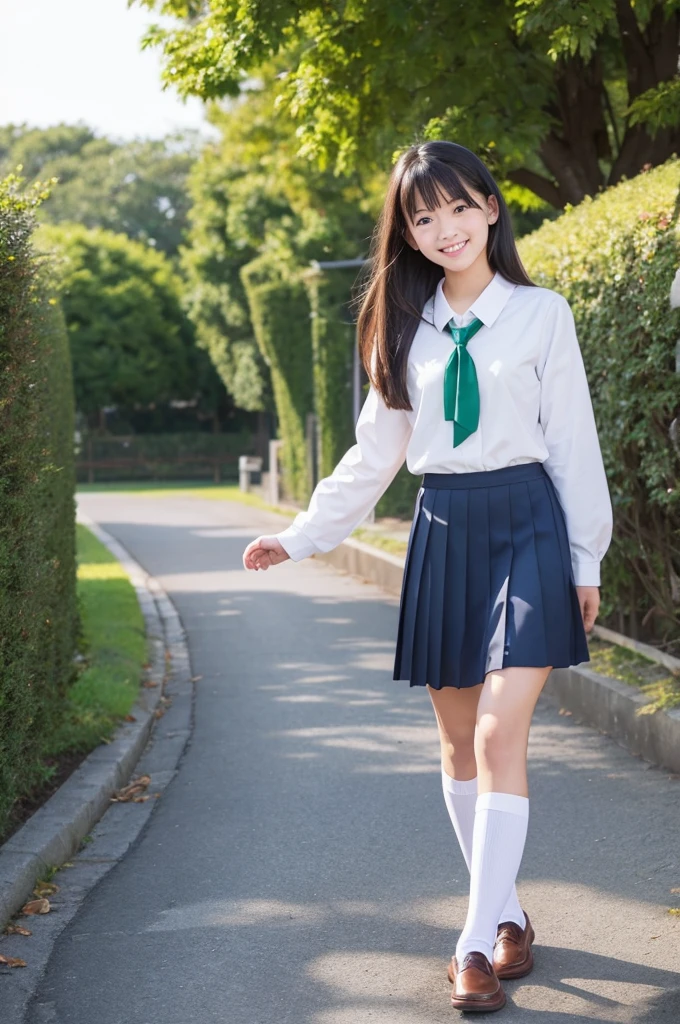 18-year-old、High school girls、uniform、ワンピースのuniform、紺色のuniform、White blouse、Long Straight Hair、White socks、smile、beautiful、Stylish、Japanese high school students、紺色uniform、Green Path、Commuting、Red ribbon、You can wear black loafers、No building needed、