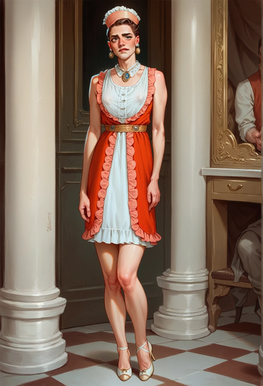 (una foto de scarlett johansson), piel detallada, Fotorrealista,cuerpo completo ,vestido injurioso, (gran teta sudorosa) , escote,