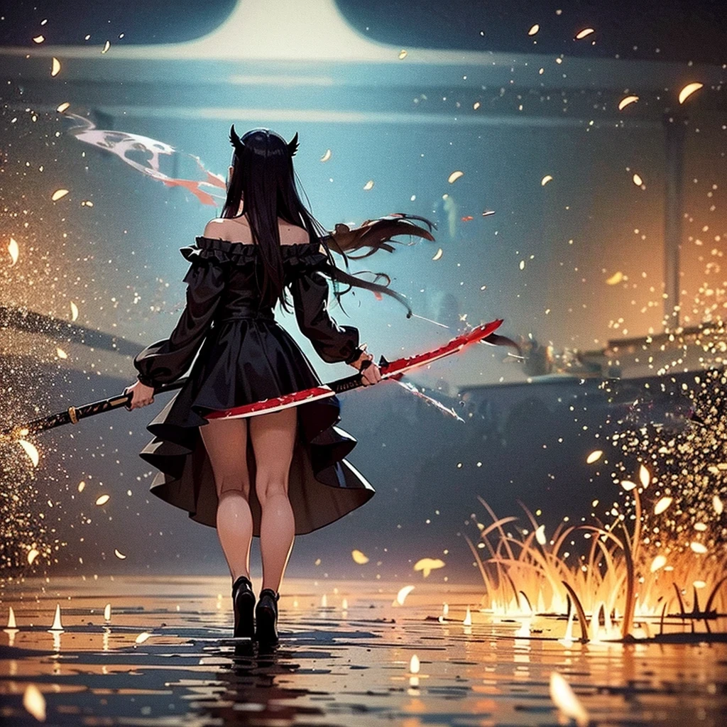 1 dark angel dancing on the lake, flowers and sword, splashed water, dimaond, smoke, ta long dress, rage, bloody, 8k, hd, unreal engine, dreamy, romantic