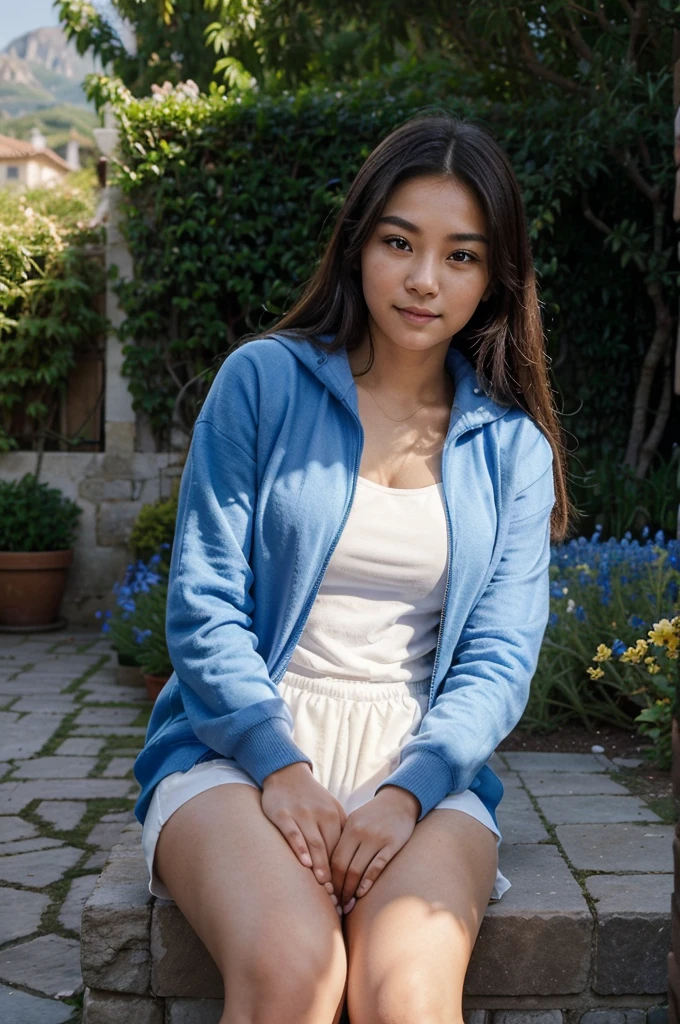 Sent by you:
Sent by you:
A charming and touching photo of a young woman, 20 years old, Long hair, Indonesian descent with a Korean face, sitting in his newly renovated garden in southeastern France. The garden is filled with agapanthus flowers, rose, and beautiful strelitzia, surrounded by lush greenery. He sits near the pond, his eyes filled with gratitude and hope, with a faint smile, exudes a peaceful aura. Wearing a blue hoodie, his black eyes sparkled with hope as he gazed at his garden, say thank you in your heart. In the background, mountains and the Mediterranean Sea shimmer in the sun, symbolizes a brighter future. The overall mood of this calm and uplifting picture is filled with hope and divine intervention., the picture is very clear and real, realistic 16k