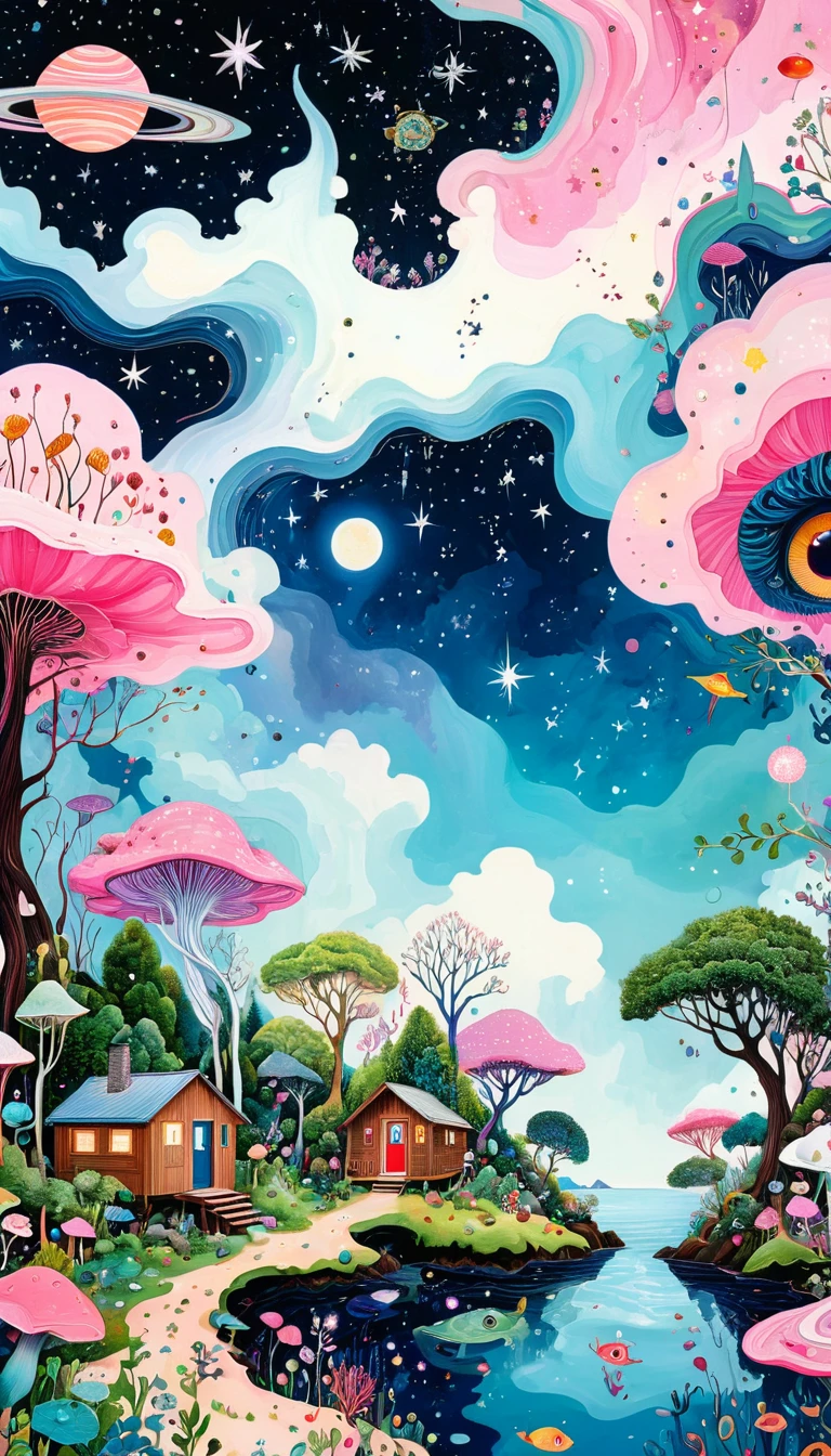 Cabin in the trees、Small animals,plant、Marine life、Eye、Starry Sky,Stitching together an abstract painting,Describing the inner world of autistic people,Sense of space,White Space,interesting,Innocence,Psychedelic Art,Abstract Art,Montage Art,Pink theme