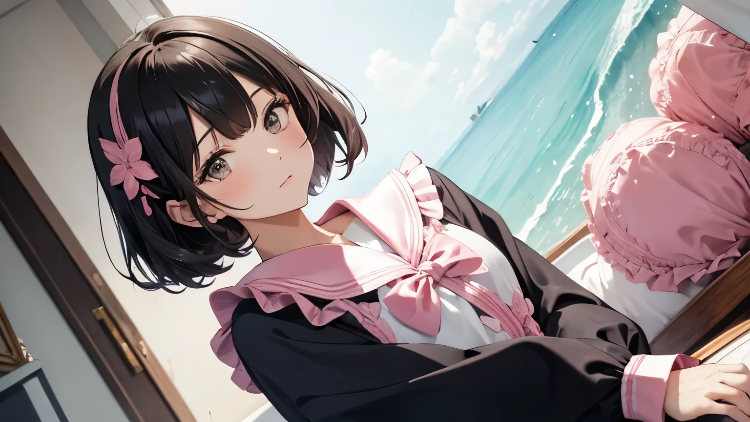 A beautiful woman wearing a pink sailor suit with lots of frills and lace Long sleeve Black bob with hair ornament Upper Body