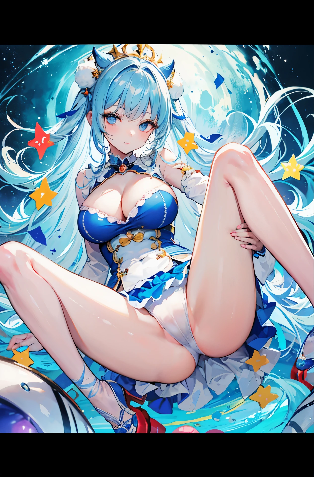 Super beautiful circus clown style sweet girl,Blue and white hazy feeling,Crazy, seductive, alluring,Long legs,Big feeling,White Silk