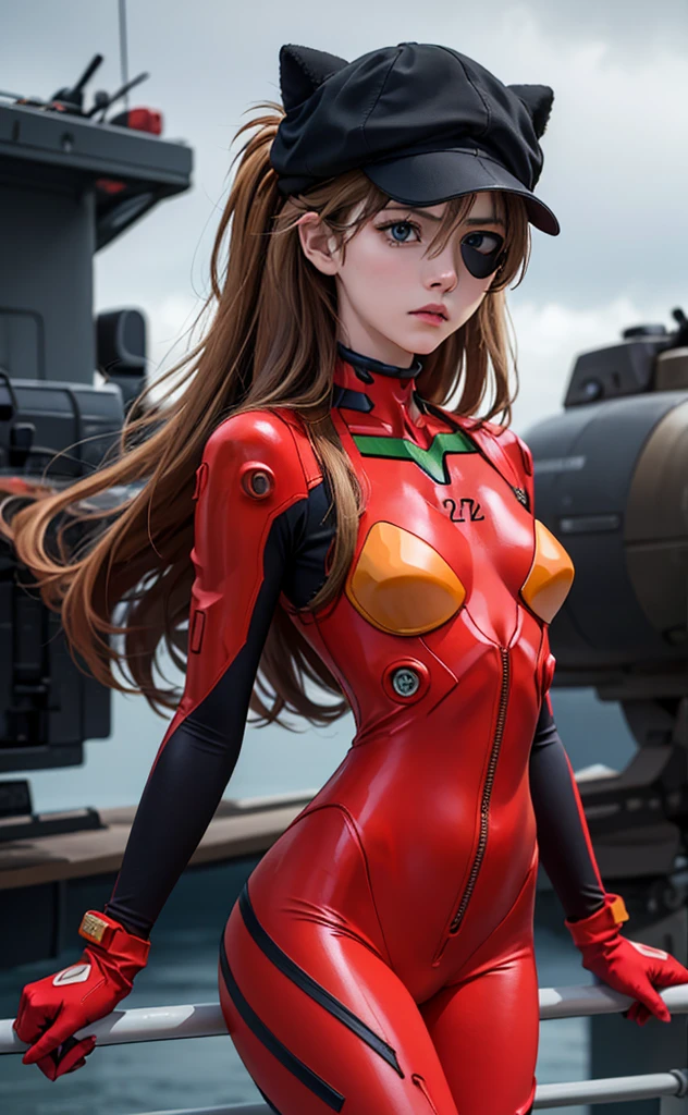 (A masterpiece:1.4、HighestQuali)、(intricately details)、Unity8k wallpapers、ultra - detailed、Beautiful and mysterious、Detailed background、hentail realism、Solo、Perfectly detailed face、Detailed blue eyes、highly detailed、face flushed、hair adornments、Chignon mahogany hair、(Blonde hair)、Plug Suit 02,Shikinami Asuka Langley、Evangelion、Slender 15 year old girl、Black banded eye patch on left eye、Full body suit、with black background、On the waist、Pirate hat、Red chest、Red jersey、White line on the arm,The panties are not completely taken off, on aircraft carrier, stormy background, sad background, rain , emotionless, stoic, cold