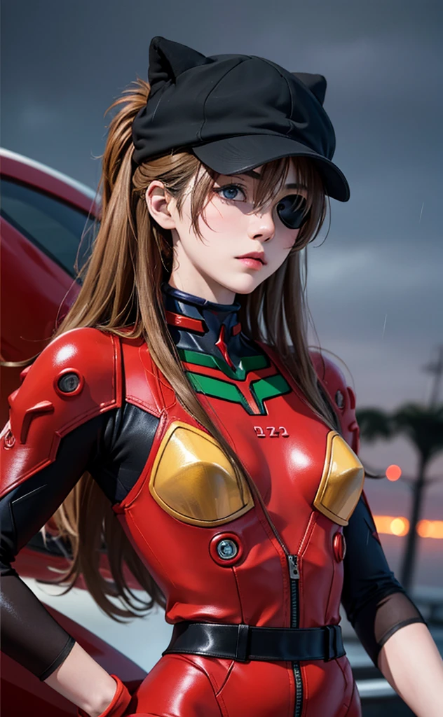(A masterpiece:1.4、HighestQuali)、(intricately details)、Unity8k wallpapers、ultra - detailed、Beautiful and mysterious、Detailed background、hentail realism、Solo、Perfectly detailed face、Detailed blue eyes、highly  detailed、face flushed、hair adornments、Chignon mahogany hair、(Blonde hair)、Plug Suit 02,Shikinami Asuka Langley、Evangelion、Slender 15 year old girl、Black banded eye patch on left eye、Full body suit、with black background、On the waist、Pirate hat、Red chest、Red jersey、White line on the arm，The panties are not completely taken off, on aircraft carrier, stormy background, sad background, rain , emotionless, stoic, cold