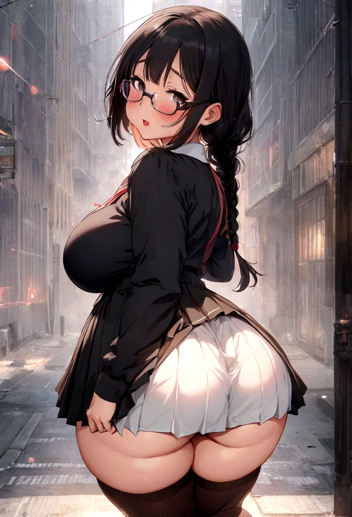 Anime girl with glasses and black dress standing on the sidewalk, Half Yamada, a hyperRealistic , Anime Moe Art Style, hyperRealistic , Gwaiz, , Enchanting anime girl, Beautiful anime girl crouching, Realistic , Anime girl in a black dress, artwork in the style of Gwaiz, chic,(masterpiece), (One serious civil service commissioner: 1.3), (Super thick and plump body: 1.3), (Huge breasts and buttocks)), (Small Head: 1.2), (Very small uniform)), (Shiny skin: 1.2), (A speech while crouching in the stands in the schoolyard in the morning)), {fat},1boy, penis, doggystyle, from behind, spreadassms, chubby body, fat body, short,ultra detailed, masterpiece, best quality, blush, a woman, rolling eyes, open mouth, school girl, wearing , wearing glasses, classroom, sunset, light particles, hdr, brown grey hair, midium wavy hair, shiny hair, bang, single braid, clear grey eyes, Smiling Kiss, Tongue Out, アニメ ,orgasm face, sexual climax, bitch, back shot, back view, low angle, from below, back view, arched back, looking back, all fours, chubby body, BIG ASS , saliva, BBW, slender waist, anal, seiza, hands on head,white eyes, Hand Drawn, Showing Ass, Bobcut, Knee socks, (Super thick and plump body: 1.3), Butt sticking out, Close your legs, seiza, spread legs, pleated skirt, Stretch your arms back, long pleated skirt, I can&#39;t see your butt, Buttocks hide, Arms folded behind back, Super big butt, Awesome numbness , Plump , Chubby, Butt sticking out,