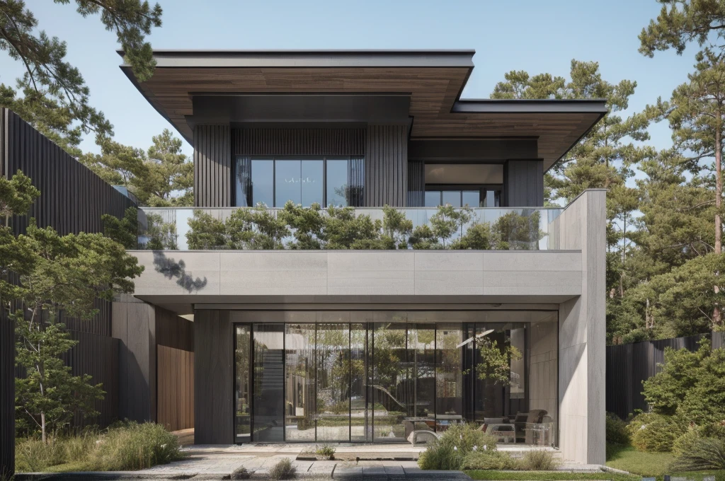 RAW photo, subject, 8k uhd, dslr, soft lighting, high quality, film grain, Photo of a modern villa, modern architecture, simple facade, glass railing, trees, skylight, palm tree, gray stone walling,  wooden, (realistic:1.4), (masterpiece:1.4), ceiling wood, (daylight:1.4), (sunlight:1.4) yard, grass, tree