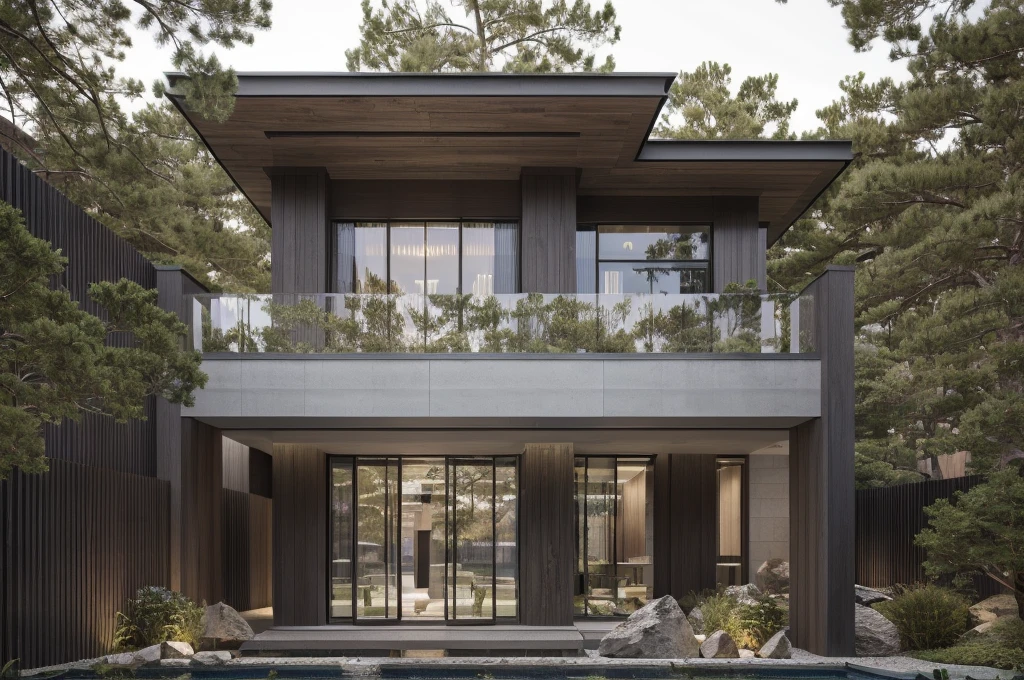RAW photo, subject, 8k uhd, dslr, soft lighting, high quality, film grain, Photo of a modern villa, modern architecture, simple facade, glass railing, trees, skylight, palm tree, gray stone walling,  wooden, (realistic:1.4), (masterpiece:1.4), ceiling wood, (daylight:1.4), (sunlight:1.4) yard, grass, tree